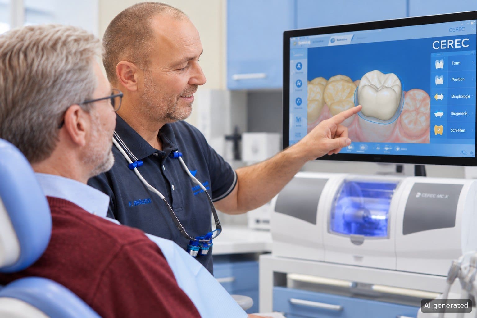 Zahnarzt Frank Bräuer erklärt einem Patienten die am Bildschirm konstruierte CEREC-Krone